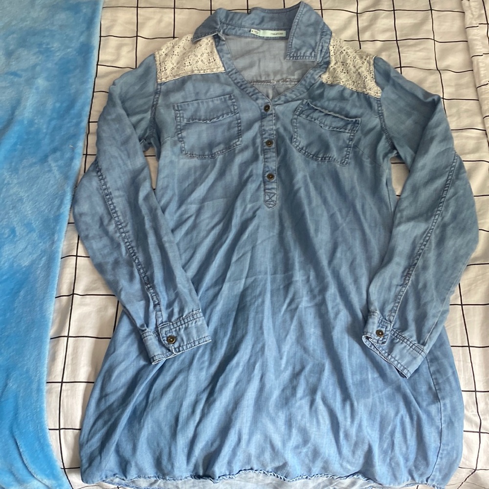 Denim dress. Floral design at the collar.